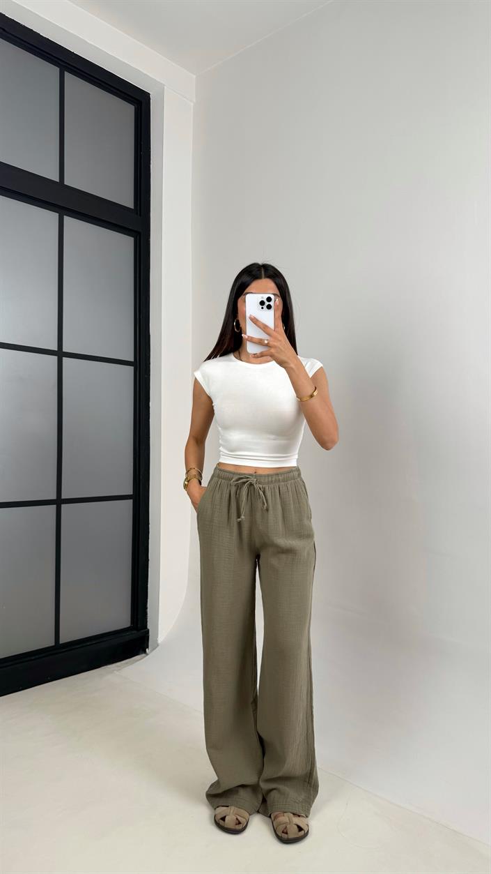 Haki Beli Lastikli Müslin Pantolon Gaus00586