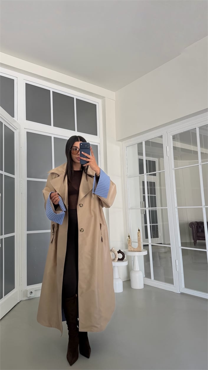 Camel Çizgi Astarlı Kuşaklı Premium Trençkot GAUS-01942
