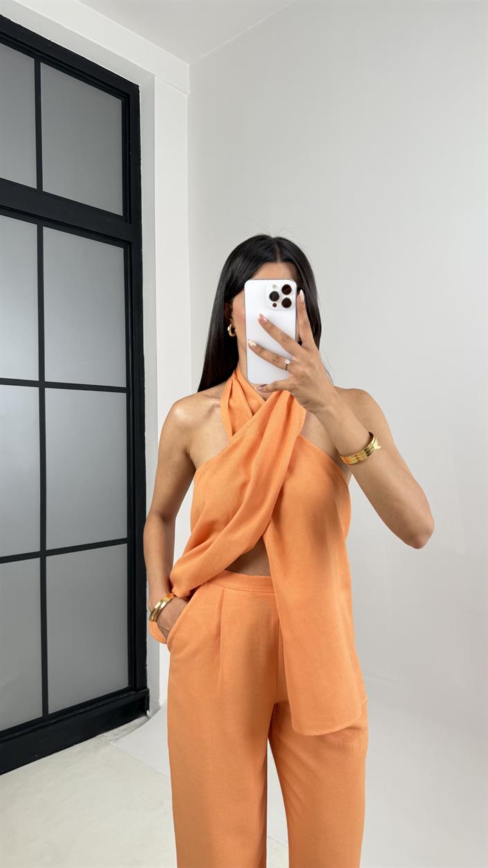 Somon Boyundan Bağlamalı Bluz Cepli Pantolon Tasarım Keten Takım Gaus00667