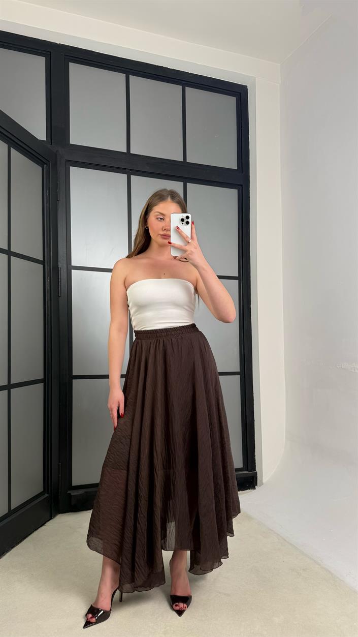 Acı Kahve Beli Lastikli Astarlı Şifon Etek GAUS-01266