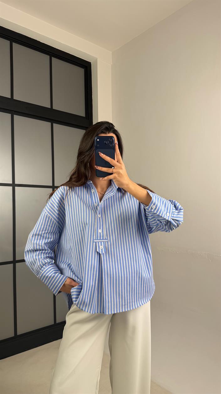 Mavi Çizgili Düğme Detaylı Premium Gömlek GAUS-01109