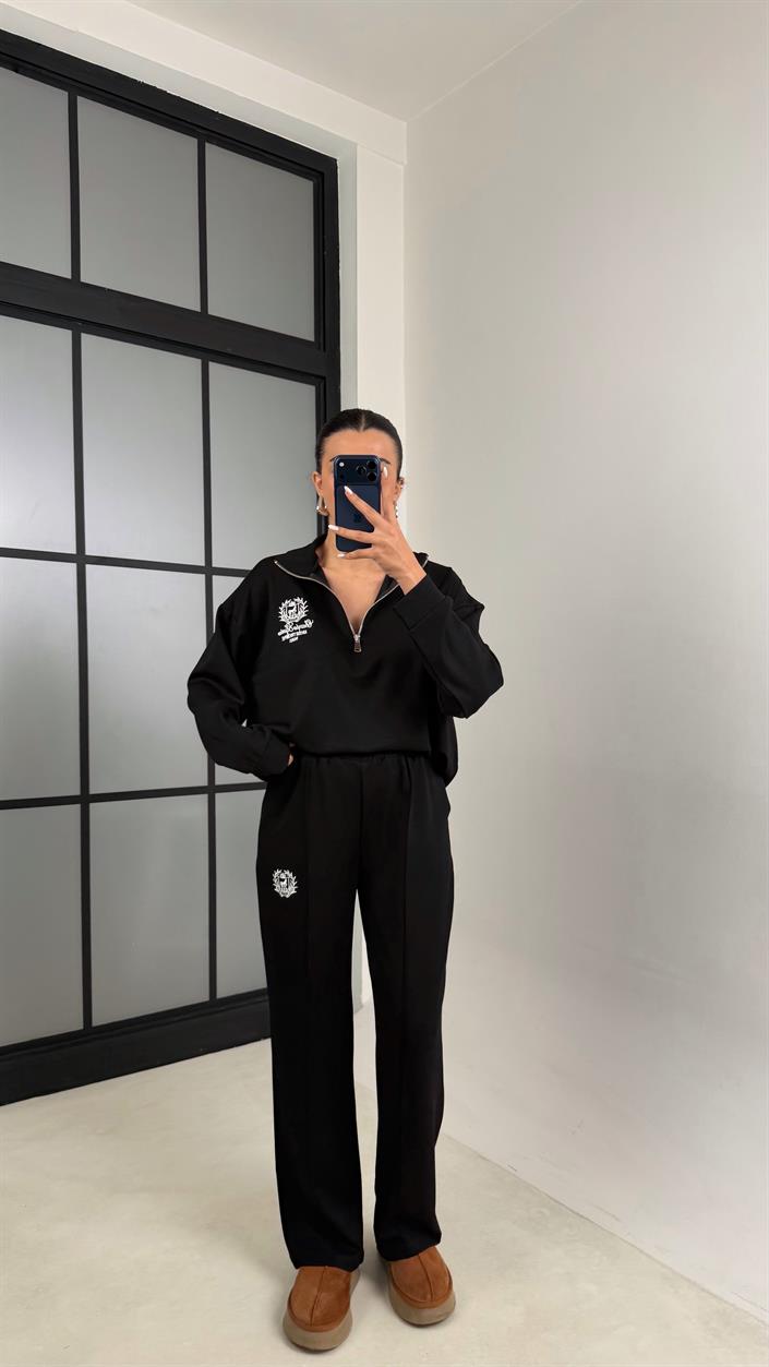 Siyah Fermuarlı Baskılı Sweatshirt Beli Lastikli Eşofman İkili Takım GAUS-00597