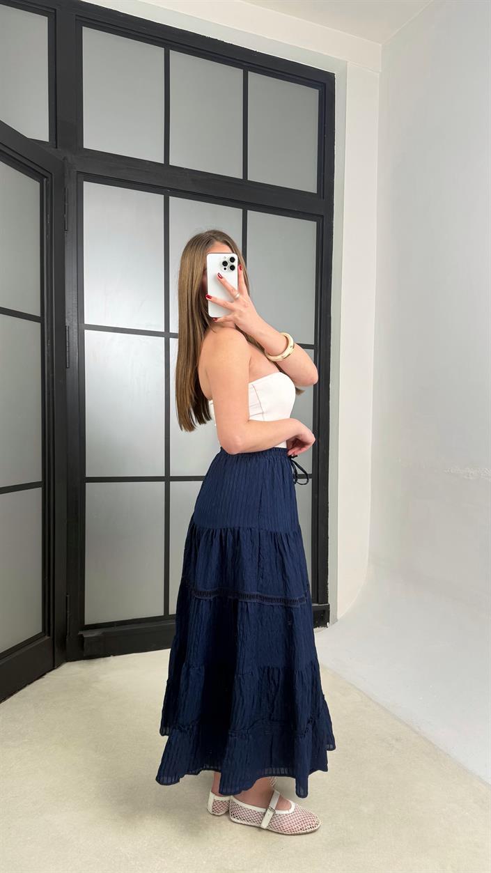 Lacivert Beli Lastikli Nakış Detaylı Astarlı Etek GAUS-01242