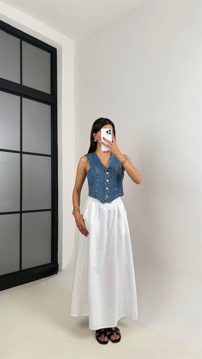 Beyaz Beli Lastikli Cepli Poplin Etek Gaus00485