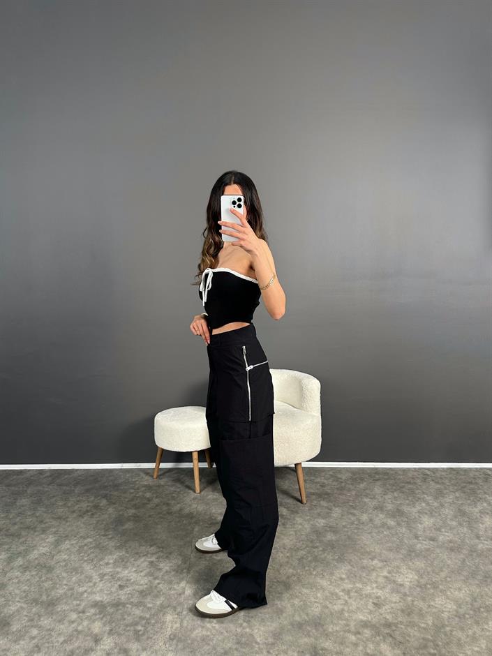ZR Model Siyah Fermuarlı Paraşüt Pantolon 