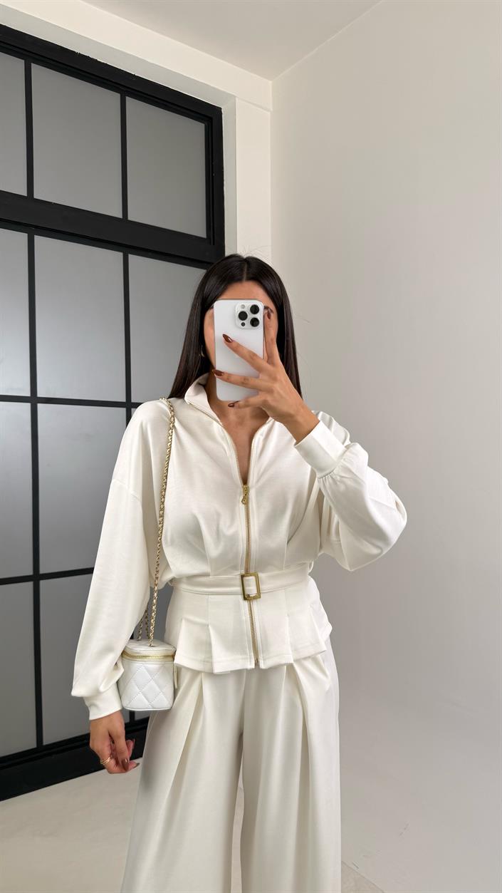 Beyaz Kemer Detaylı Hırka Beli Lastikli Geniş Paça Pantolon Modal Takım GAUS-00188