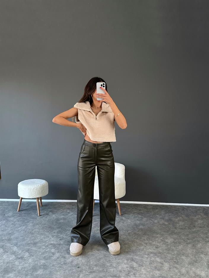 Nori Yeşil Eskitme Deri Pantolon