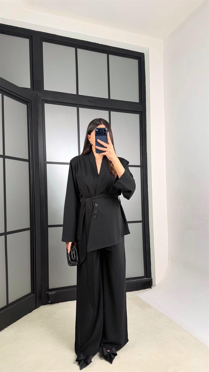 Siyah Vatkalı Düğme Detaylı Belden Kuşaklı Ceket Beli Lastikli Pantolon Tencel Takım GAUS-01195