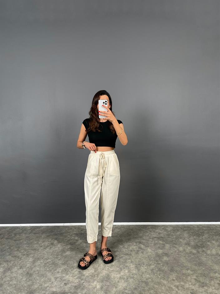 Rian Ekru Beli Lastikli Cepli Gabardin Pantolon