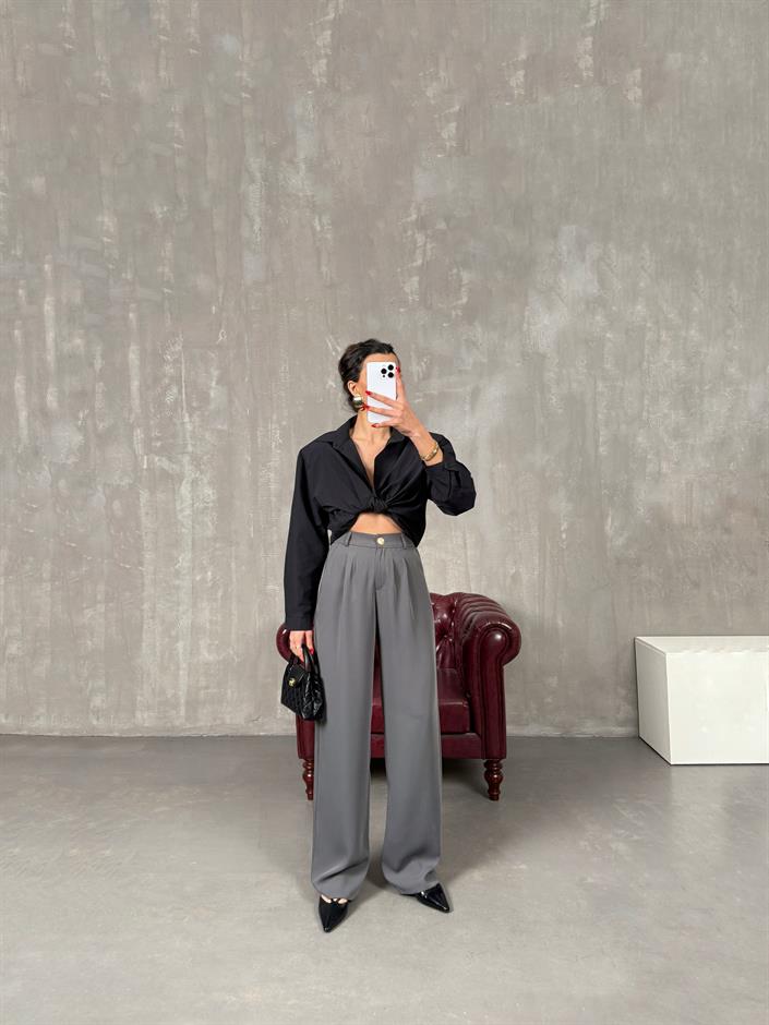 Sagura Gri Beli Lastikli Cepli Premium Pantolon