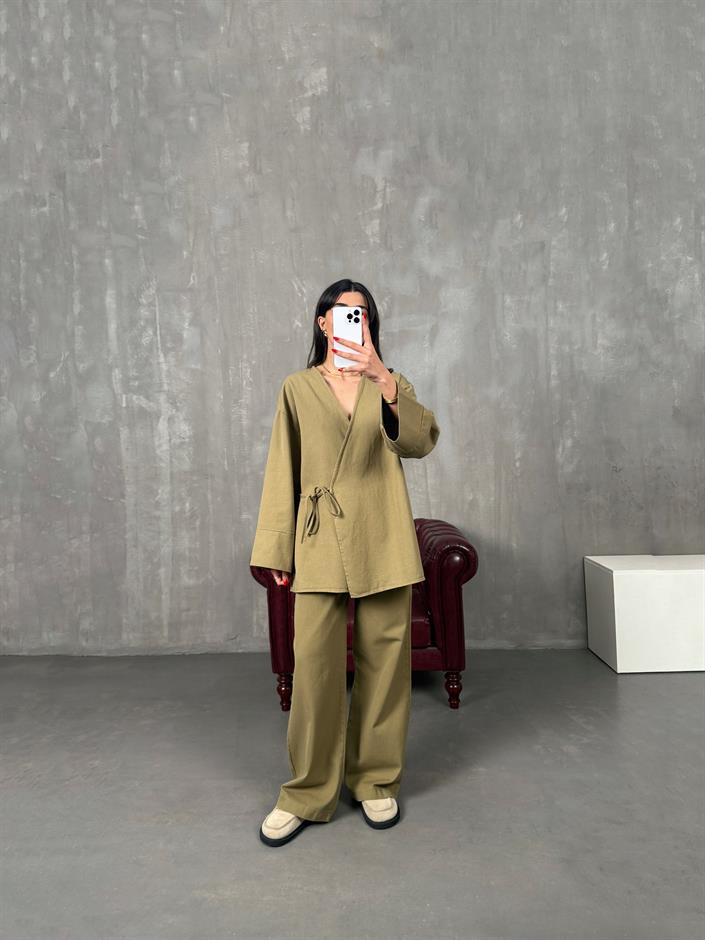 Rozali Yeşil Gabardin Kimono İkili Takım