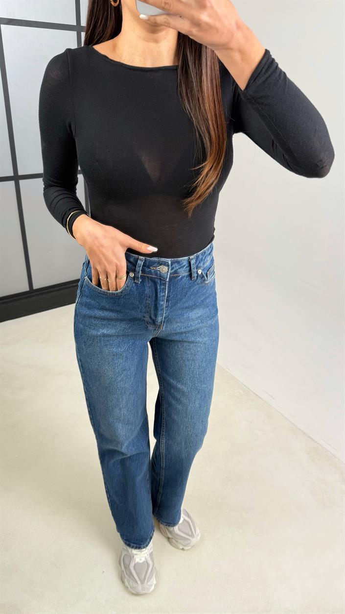 Mavi Yüksek Bel Düz Kesim Eskitme Jean GAUS-00549