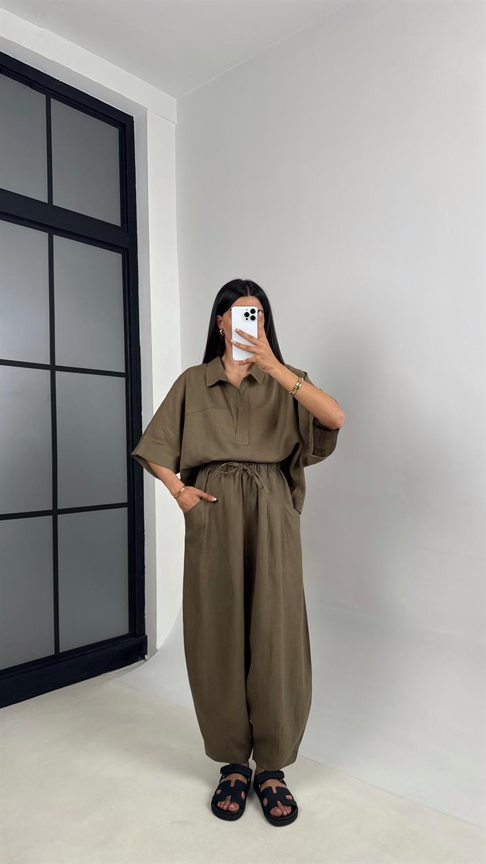 Haki Polo Yaka Yarasa Kol Bluz Şalvar Pantolon Md Muadil Premium Keten Takım Gaus00542