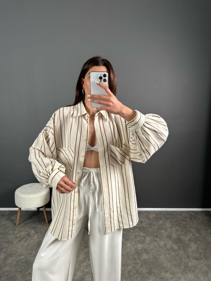 Kahve Çizgili Keten Oversize Gömlek