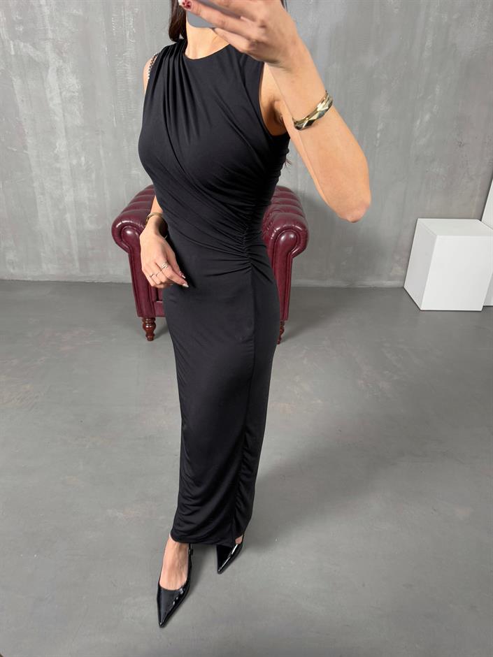 Helena Siyah ZR Model Drapeli Astarlı Elbise