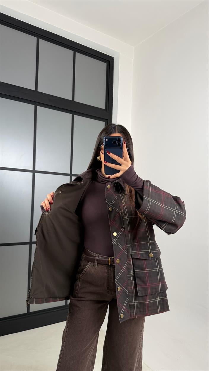 Kahve Kadife Yakalı Ekose Desenli Astarlı Ceket GAUS-00736