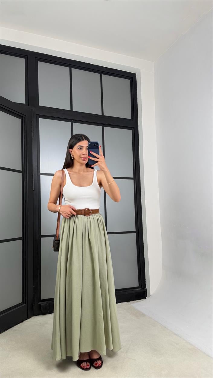 Yeşil Kemerli Astarlı Etek GAUS-01549