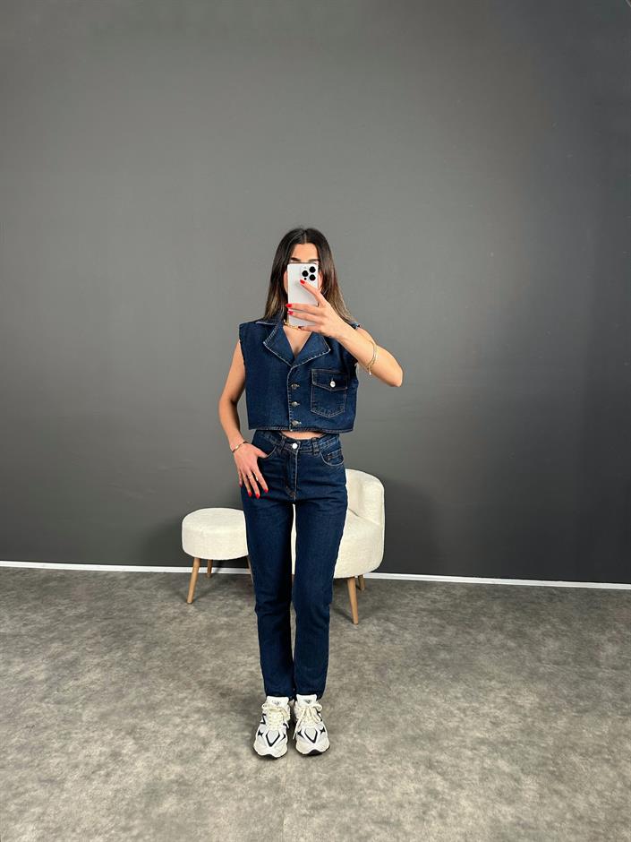 Amio Koyu Mavi Yelekli Denim Takım