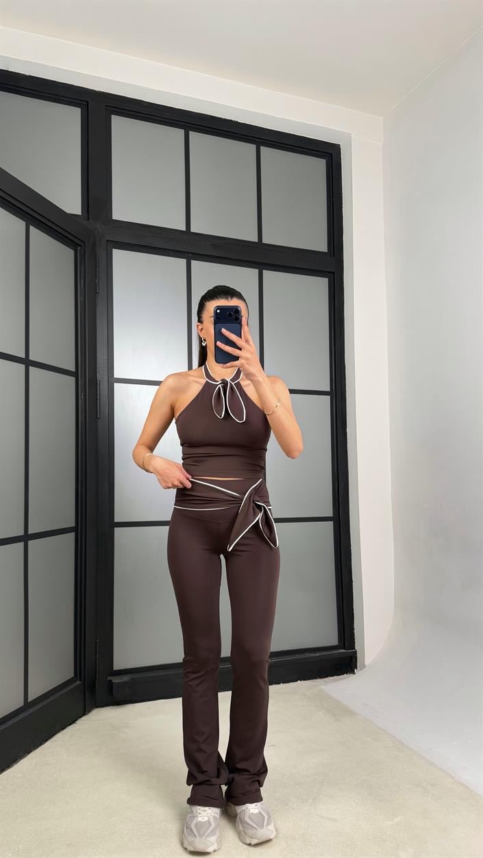Acı Kahve OYS Model Fiyonk Detaylı Crop Tayt Takım GAUS-01407