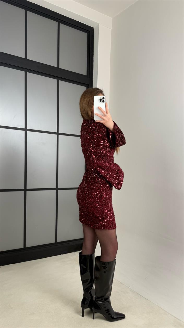 Bordo Uzun Kollu Payetli Tasarım Elbise GAUS-00904
