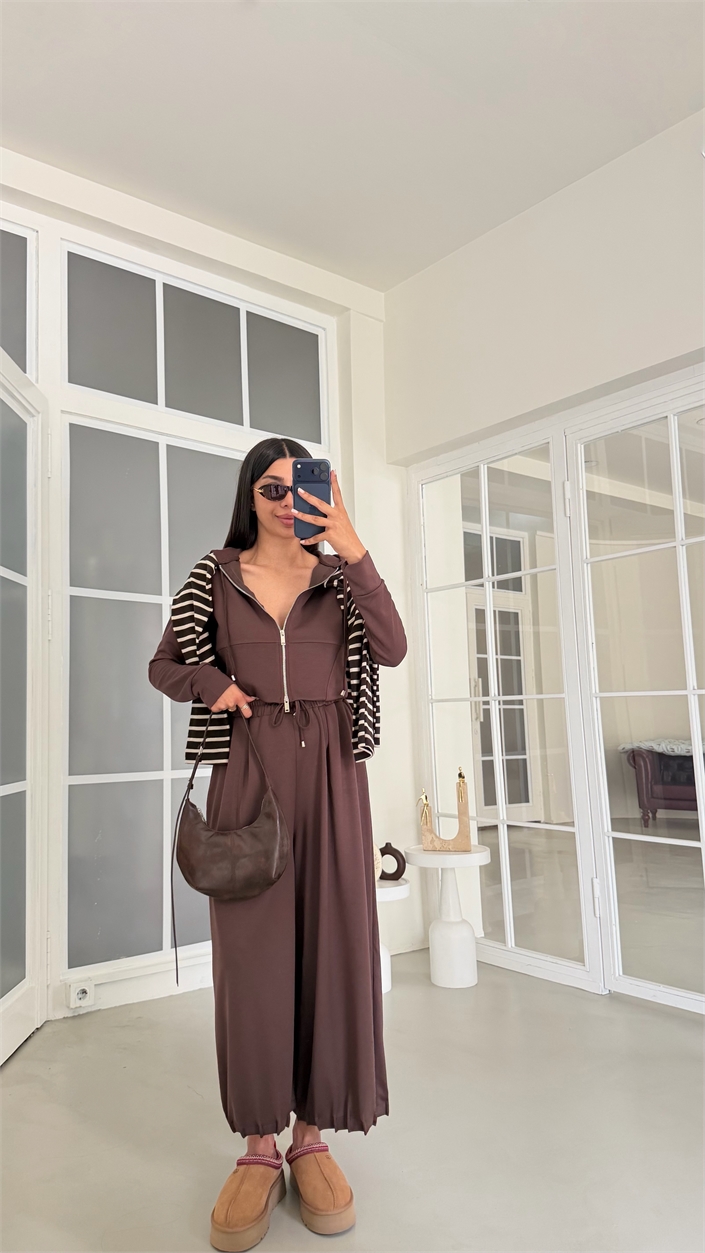Kahve Kapüşonlu Hırka Beli Lastikli Geniş Paça Pantolon İkili OYS Modal Kumaş Takım GAUS-02152