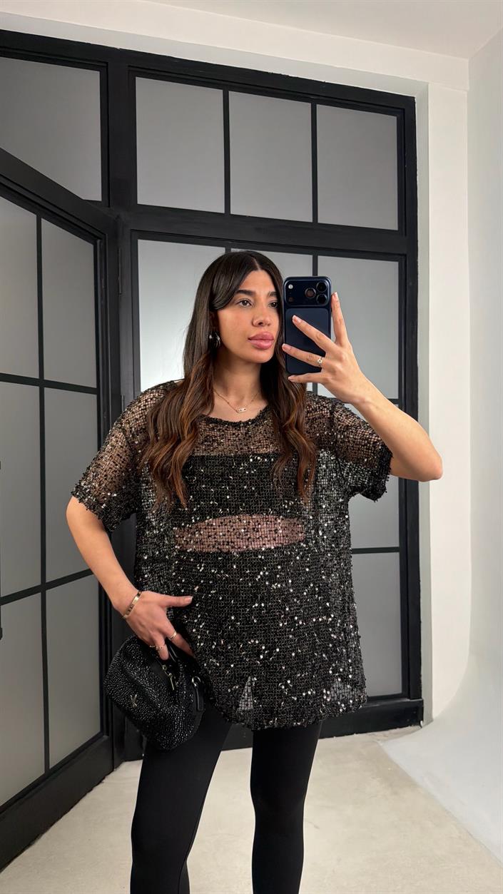 Siyah Muadil Pul İşleme Detaylı İthal Oversize Bluz  GAUS-01187