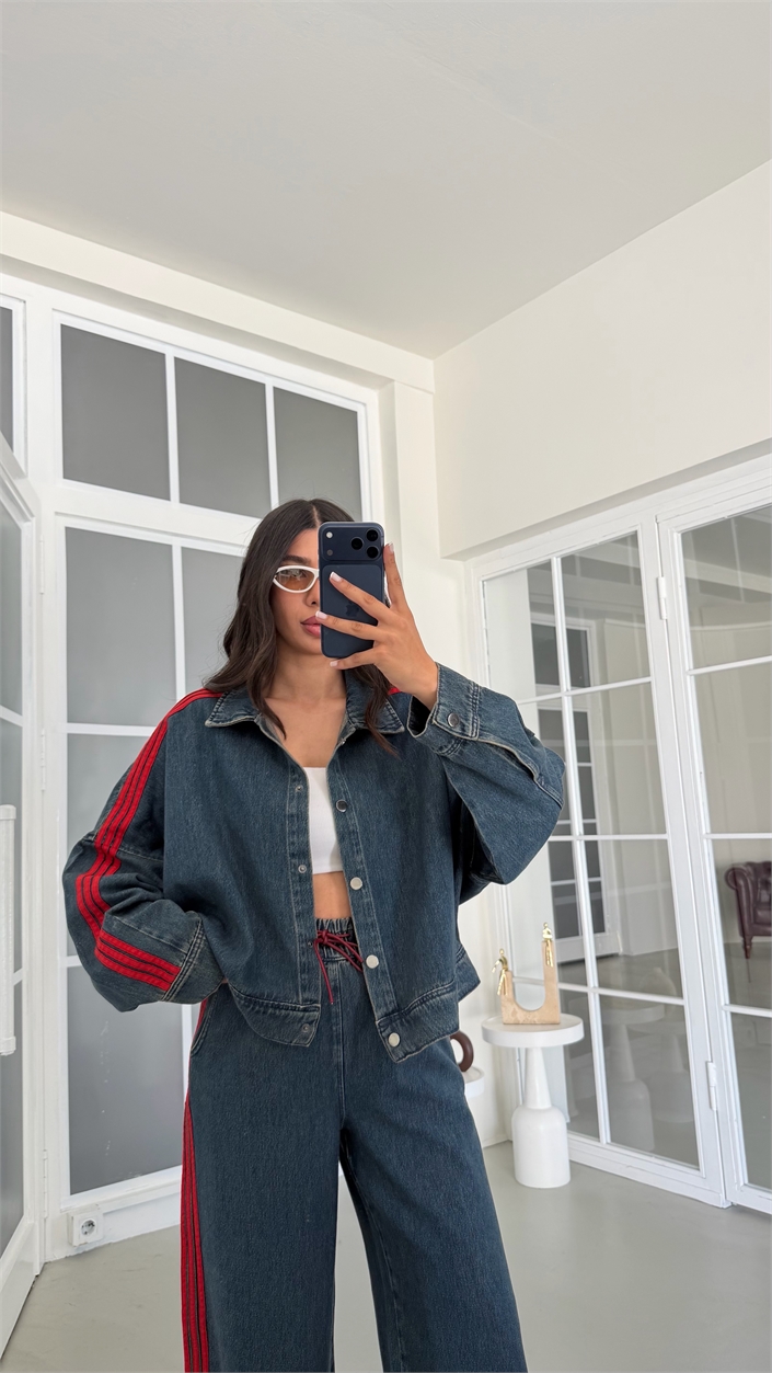 Kırmızı Şerit Detaylı Ceket Beli Lastikli Pantolon İkili Denim Takım GAUS-02094