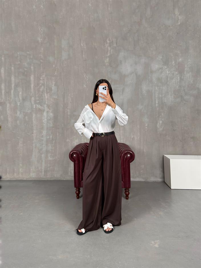 Acı Kahve Kemerli Bol Paça Pantolon Gaus00076