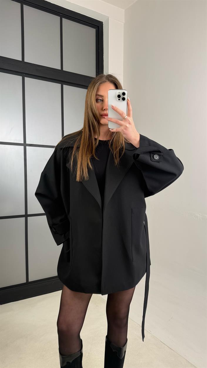 Siyah Astarlı Kuşaklı Premium Trençkot GAUS-00977