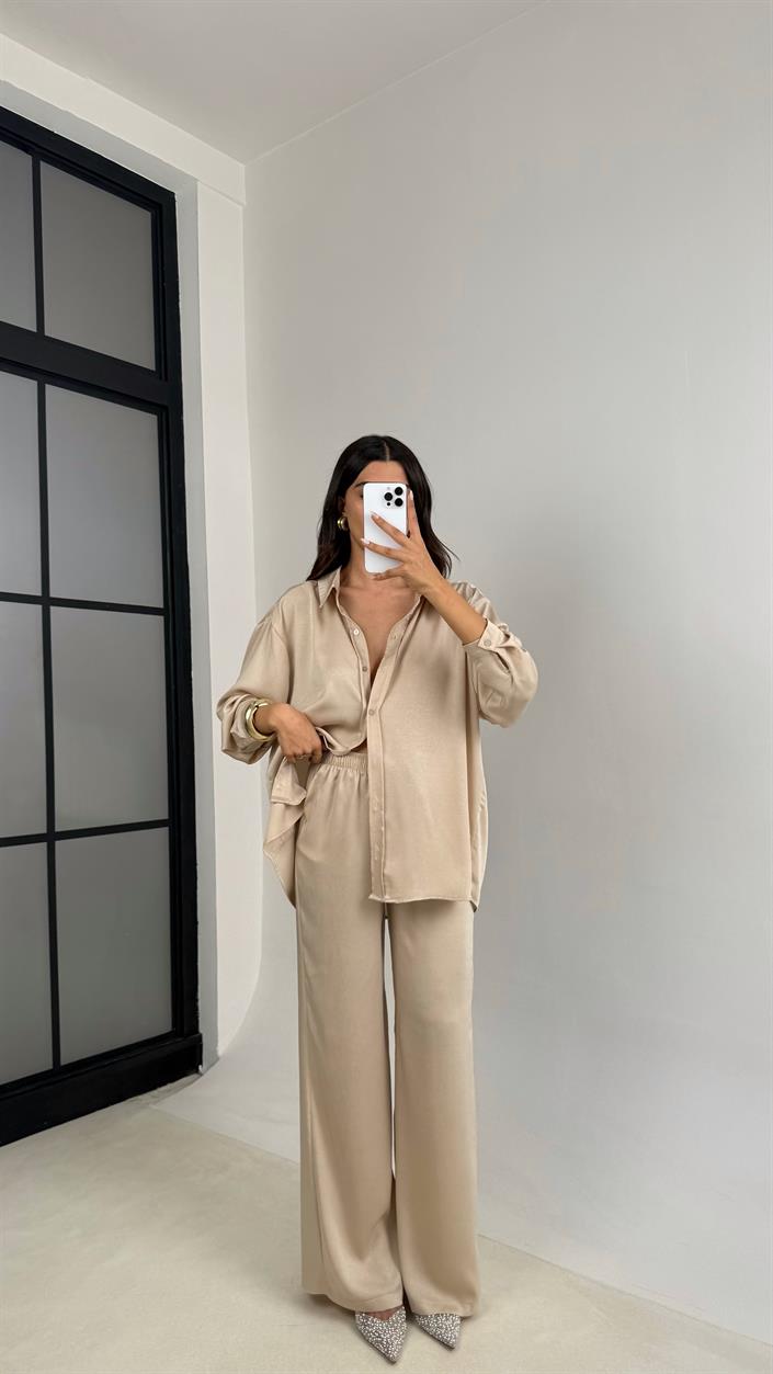 Taş Gömlek Beli Lastikli Pantolon İkili Premium Saten Takım GAUS-0074