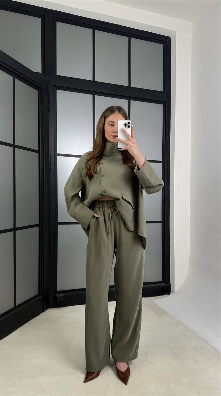 Yeşil Gömlek Beli Lastikli Pantolon Cep Detaylı Muadil Tencel Takım GAUS-01225