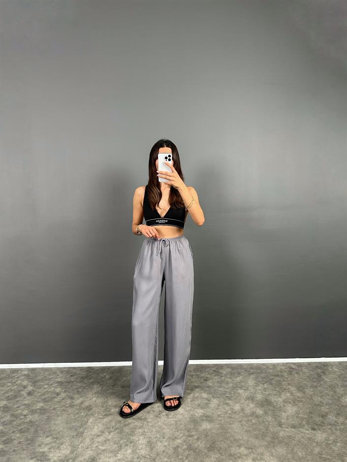 MD Gri Beli Lastikli Cepli  İthal Kumaş Rahat Dokuma Muadil Pantolon