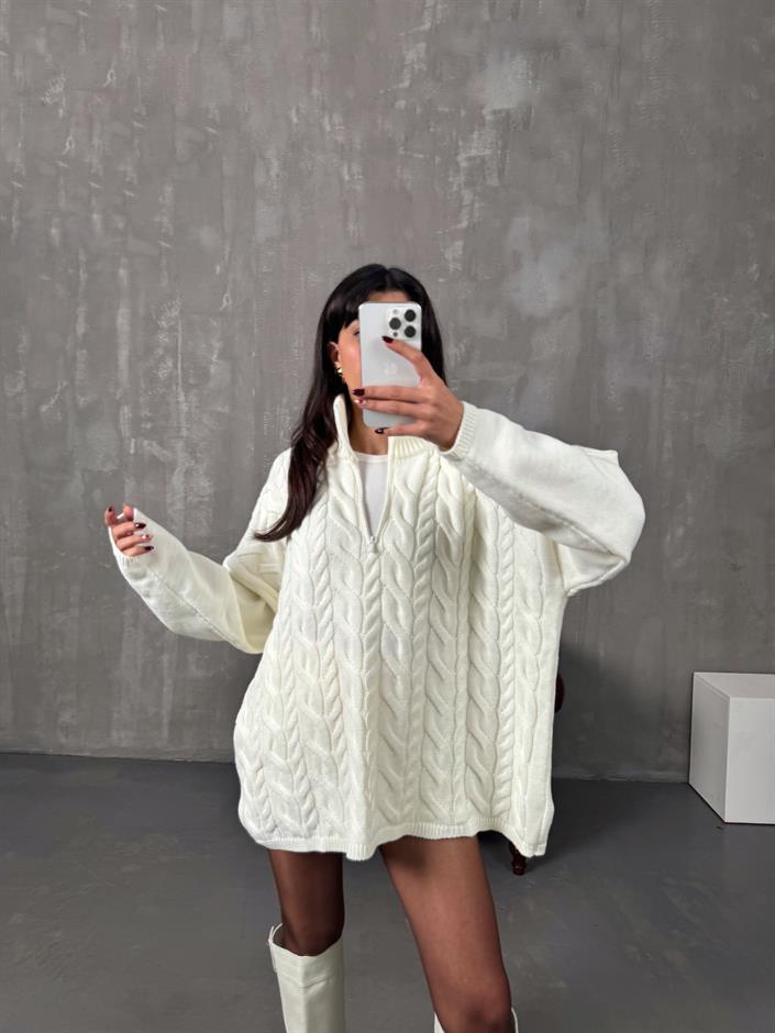 Lipsi Ekru Örgü Detaylı Fermuarlı Oversize Kazak
