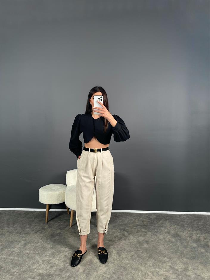 Keten Paçası Düğmeli Pantolon 