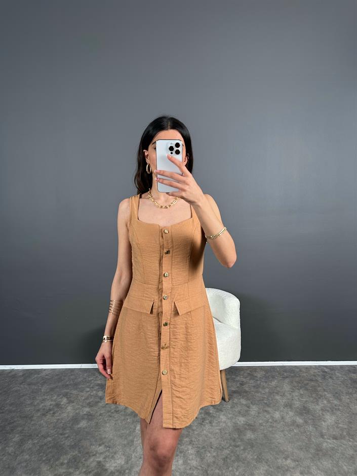 Kika Camel Astarlı Gold Düğmeli Elbise