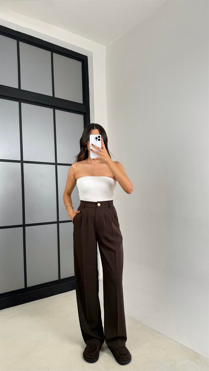 Acı Kahve Gold Düğmeli Beli Lastikli Premium Pantolon GAUS-00141