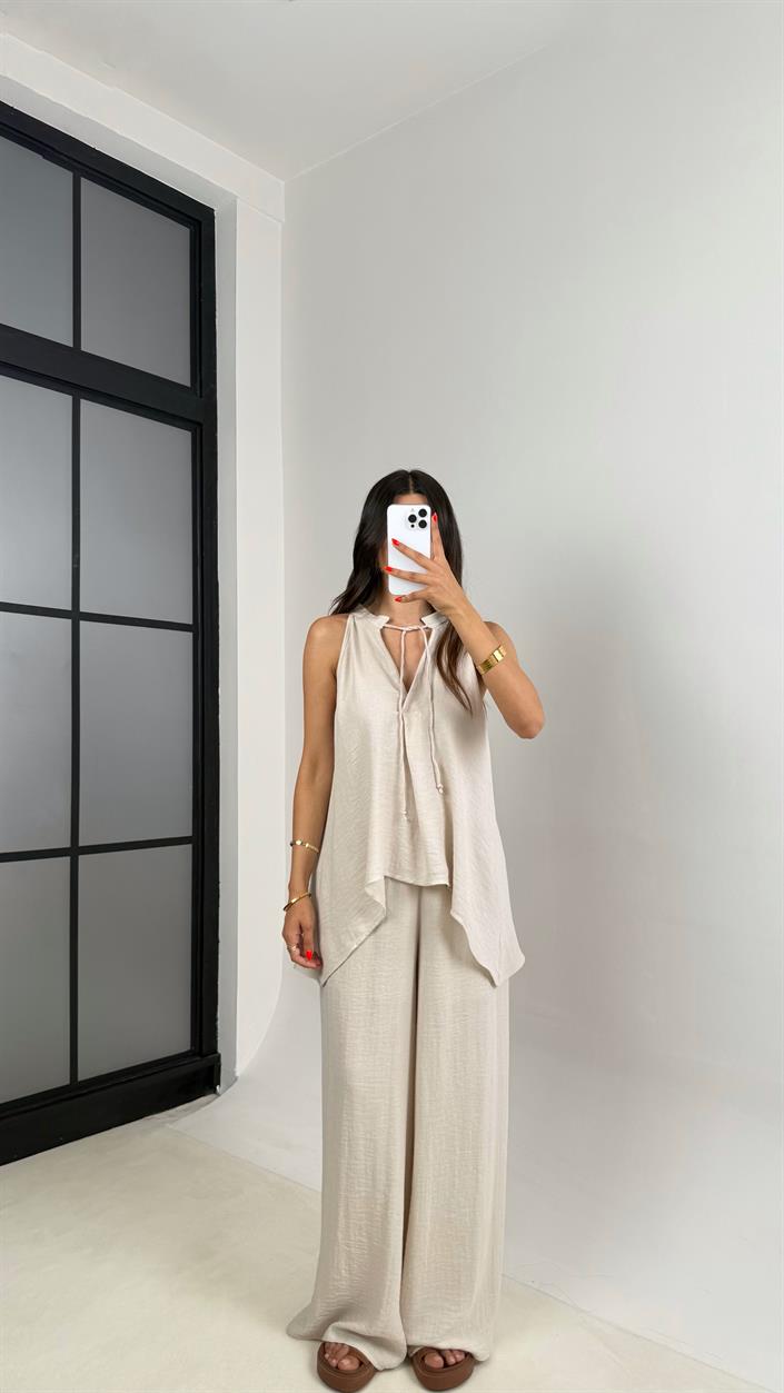 Taş Boyundan Bağlamalı Asimetrik Bluz Beli Lastikli Pantolon GAUS-003