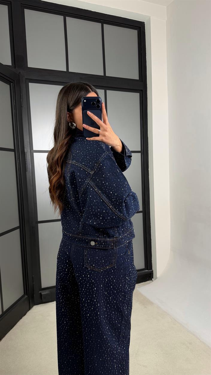 Lacivert Premium Taşlı Denim İkili Takım GAUS-01191