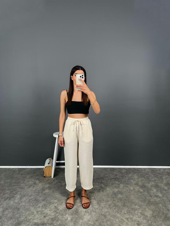 Lonsa Ekru Müslin Kumaş Pantolon 