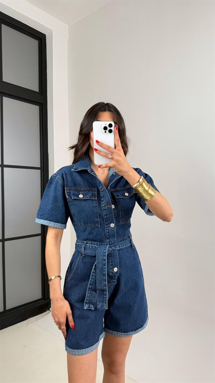 Lacivert Kısa Kol Önü Düğmeli Kemerli  Denim Tulum Gaus00465