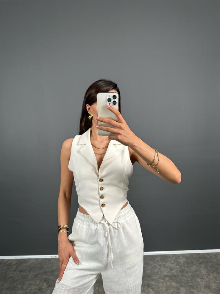 Dios Ekru ZR Model Sırt Dekolteli Astarlı Crop Yelek 