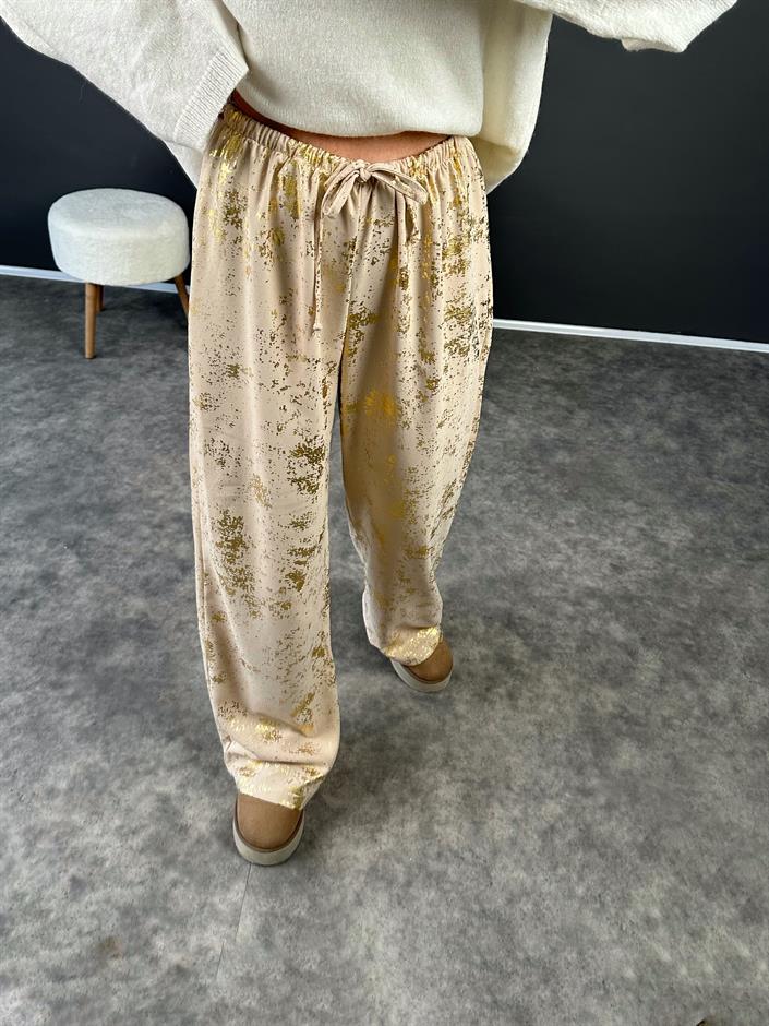 Bej Varak Baskılı İp Bağlamalı Pantolon