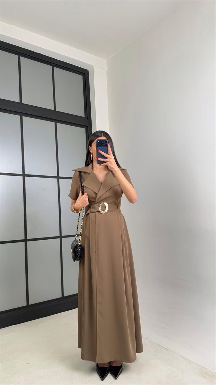 Haki Gold Toka Kuşaklı Krep Kumaş Uzun Elbise GAUS-00974