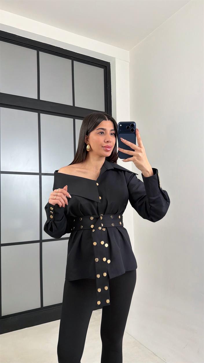 Siyah Zımba Detaylı Kemerli Tasarım Gömlek GAUS-01071