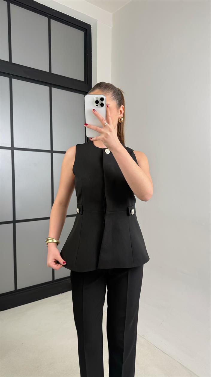 Siyah Düğme Detaylı Yelek Pantolon İkili Premium Takım GAUS-00987