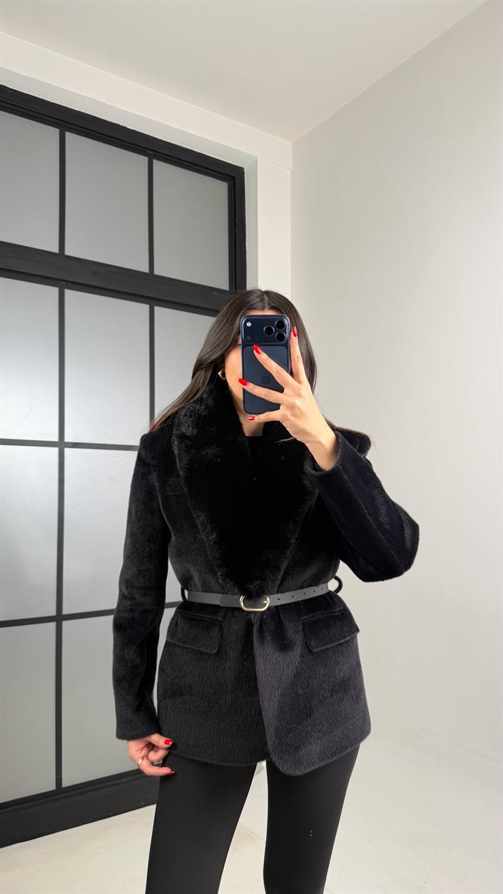 Siyah Astarlı Kemerli Premium Kürk Ceket GAUS-00936