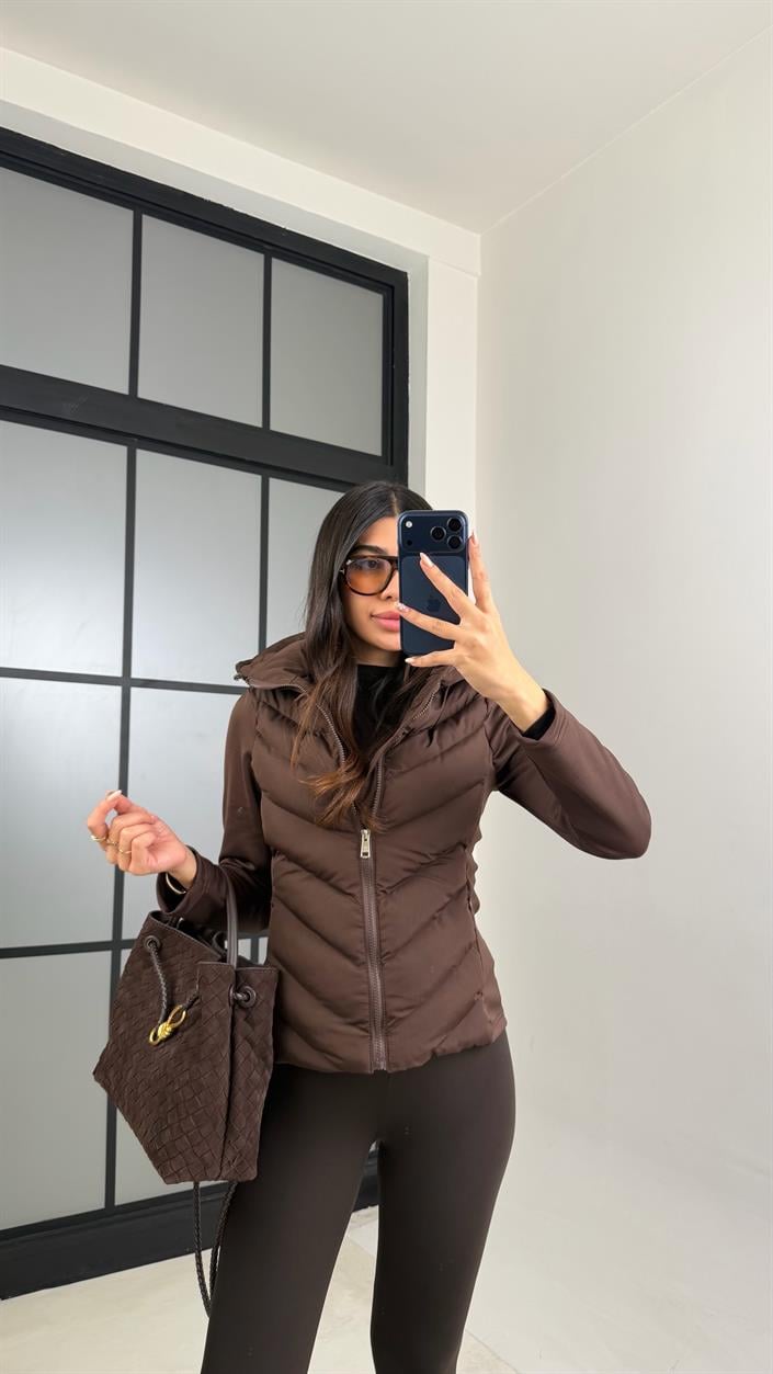 Kahve Kapüşonlu ZR Muadil Şişme Mont GAUS-00880