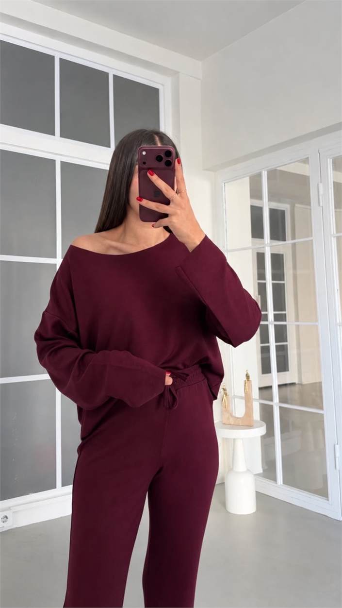 Mürdüm Kayık Yaka Bluz Beli Lastikli Pantolon İkili Modal Takım GAUS-02168
