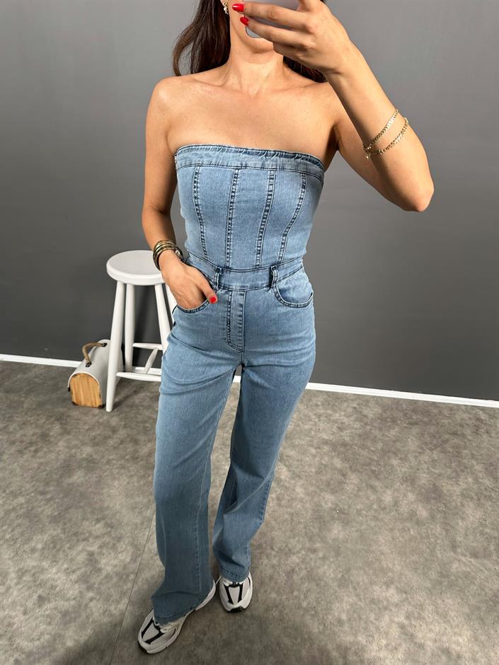 Ria Straplez Fermuarlı Denim Tulum