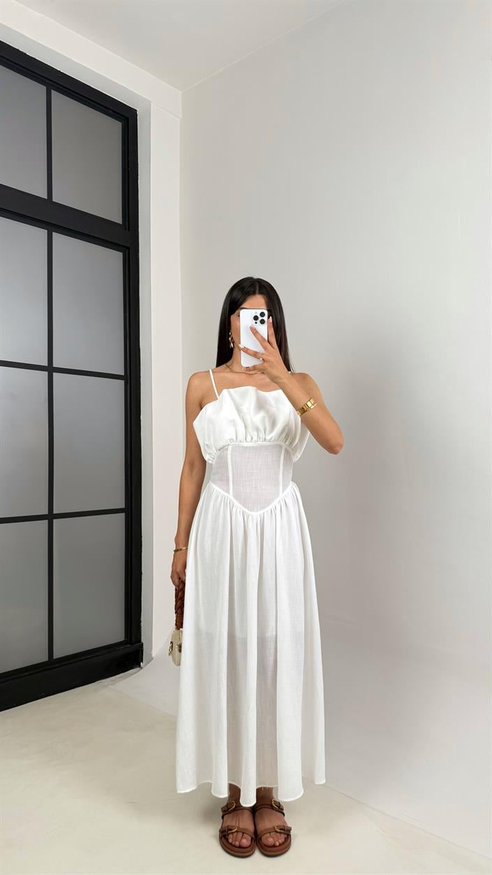 Beyaz Ayarlanabilir Askılı Korse Detaylı Astarlı Keten Elbise Gaus00640